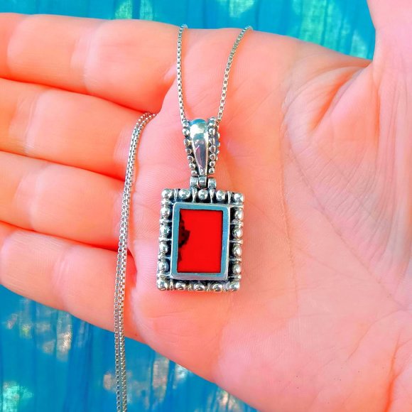 Vintage Sterling Silver Red Jasper Pebbled Pendant Necklace - Picture 10 of 13